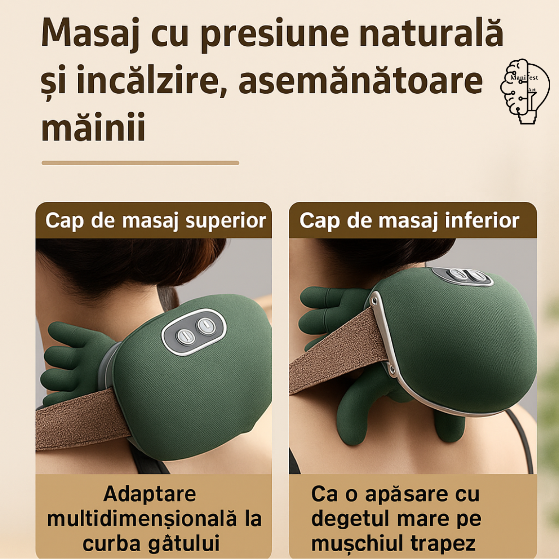 Aparat masaj cervical gât și umeri 4D cu încălzire, profesional, fără fir, masaj ce imita mâna umană, pentru relaxare și dureri musculare