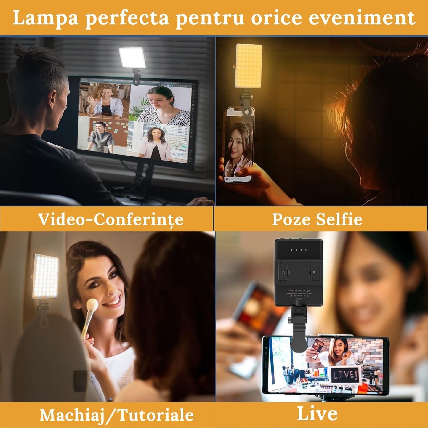 Lampa Led RGB portabila pentru selfie-uri, video sau poze cu 24 tipuri de culori diferite. Baterie de 2000mAh, suport si clema pentru telefon sau laptop