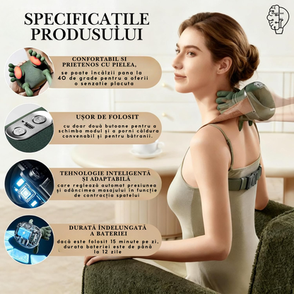 Aparat masaj cervical gât și umeri 4D cu încălzire, profesional, fără fir, masaj ce imita mâna umană, pentru relaxare și dureri musculare