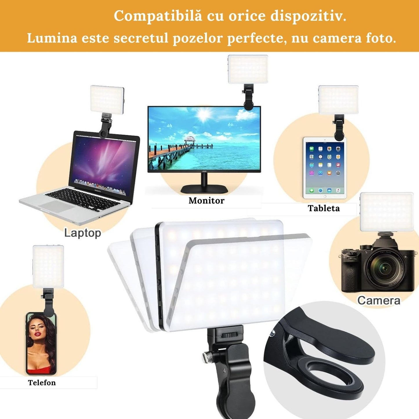 Lampa Led RGB portabila pentru selfie-uri, video sau poze cu 24 tipuri de culori diferite. Baterie de 2000mAh, suport si clema pentru telefon sau laptop