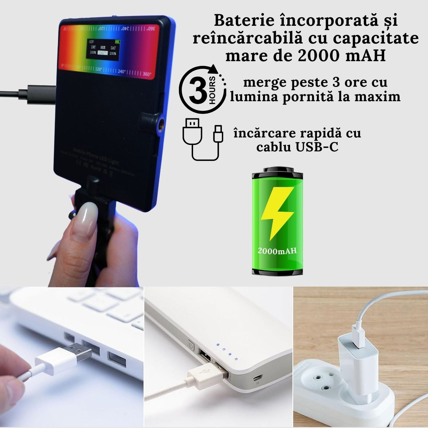 Lampa Led RGB portabila pentru selfie-uri, video sau poze cu 24 tipuri de culori diferite. Baterie de 2000mAh, suport si clema pentru telefon sau laptop