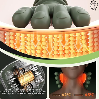 Aparat masaj cervical gât și umeri 4D cu încălzire, profesional, fără fir, masaj ce imita mâna umană, pentru relaxare și dureri musculare