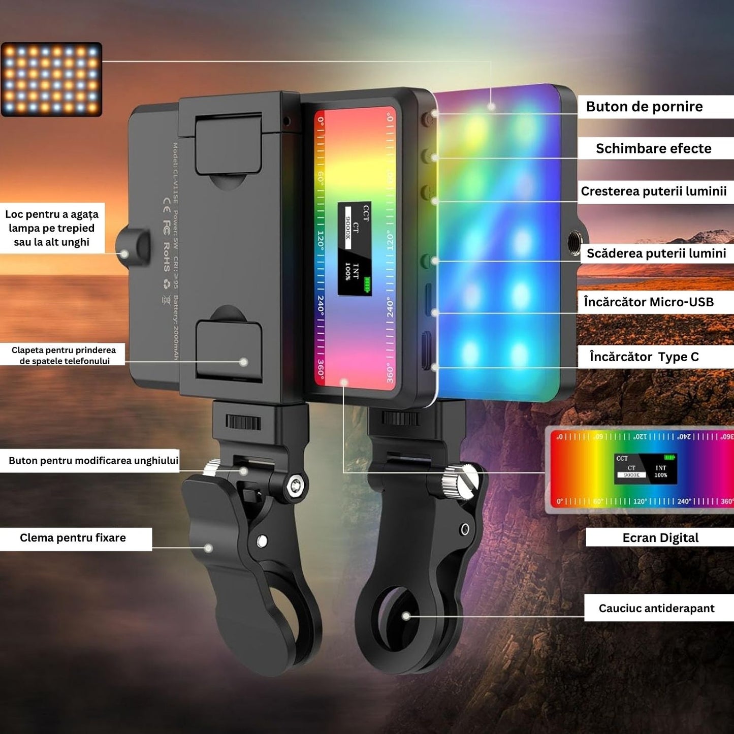 Lampa Led RGB portabila pentru selfie-uri, video sau poze cu 24 tipuri de culori diferite. Baterie de 2000mAh, suport si clema pentru telefon sau laptop