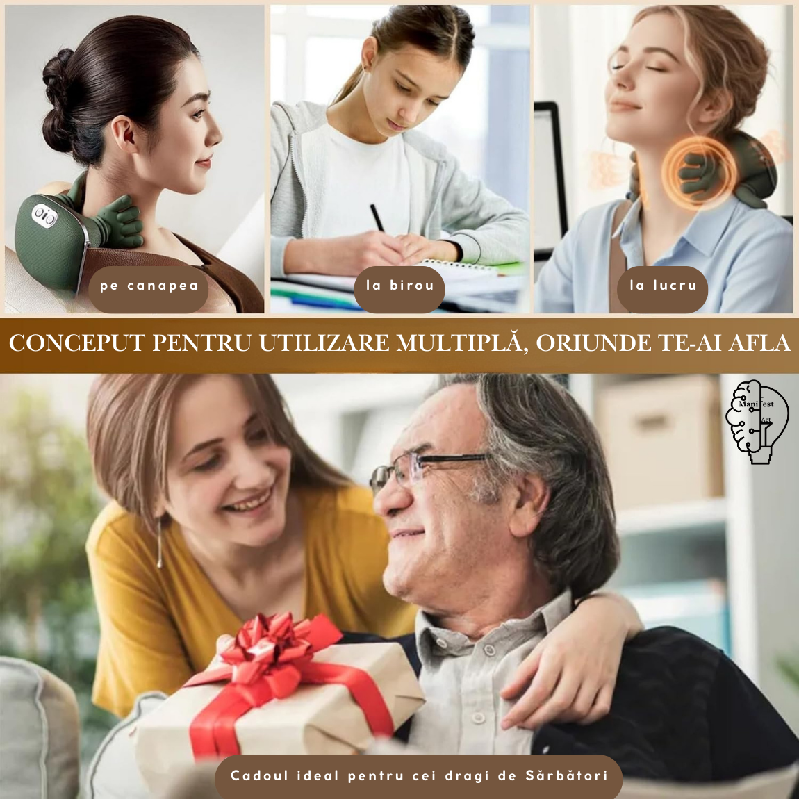 Aparat masaj cervical gât și umeri 4D cu încălzire, profesional, fără fir, masaj ce imita mâna umană, pentru relaxare și dureri musculare