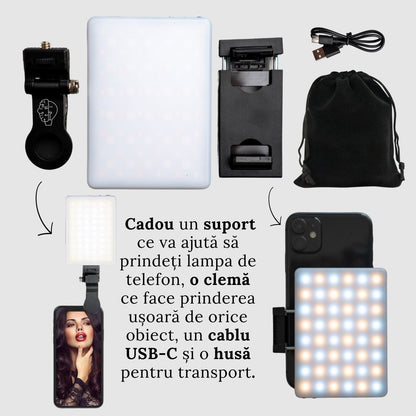 Lampa Led RGB portabila pentru selfie-uri, video sau poze cu 24 tipuri de culori diferite. Baterie de 2000mAh, suport si clema pentru telefon sau laptop