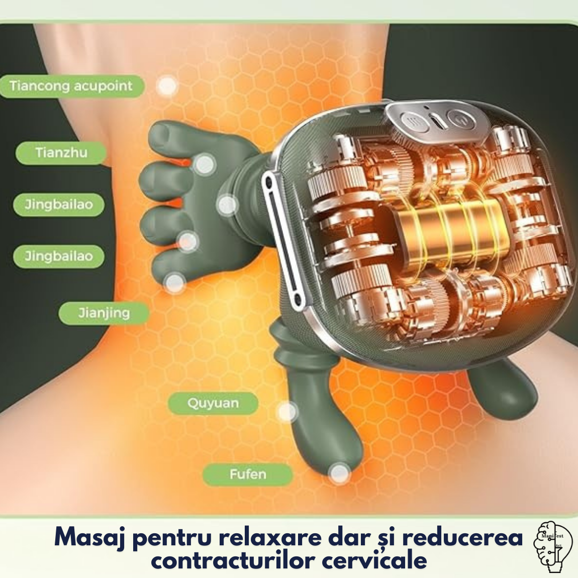 Aparat masaj cervical gât și umeri 4D cu încălzire, profesional, fără fir, masaj ce imita mâna umană, pentru relaxare și dureri musculare