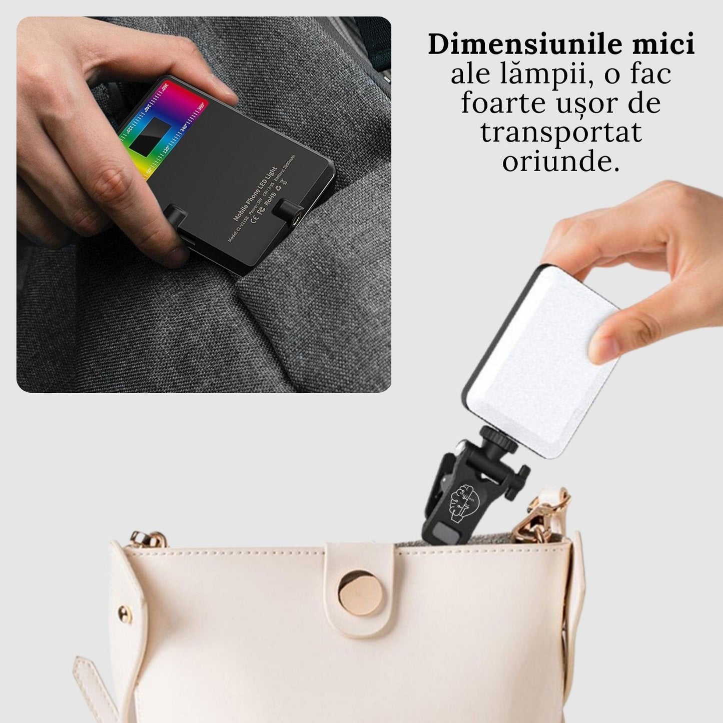 Lampa Led RGB portabila pentru selfie-uri, video sau poze cu 24 tipuri de culori diferite. Baterie de 2000mAh, suport si clema pentru telefon sau laptop