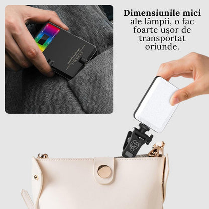 Lampa Led RGB portabila pentru selfie-uri, video sau poze cu 24 tipuri de culori diferite. Baterie de 2000mAh, suport si clema pentru telefon sau laptop