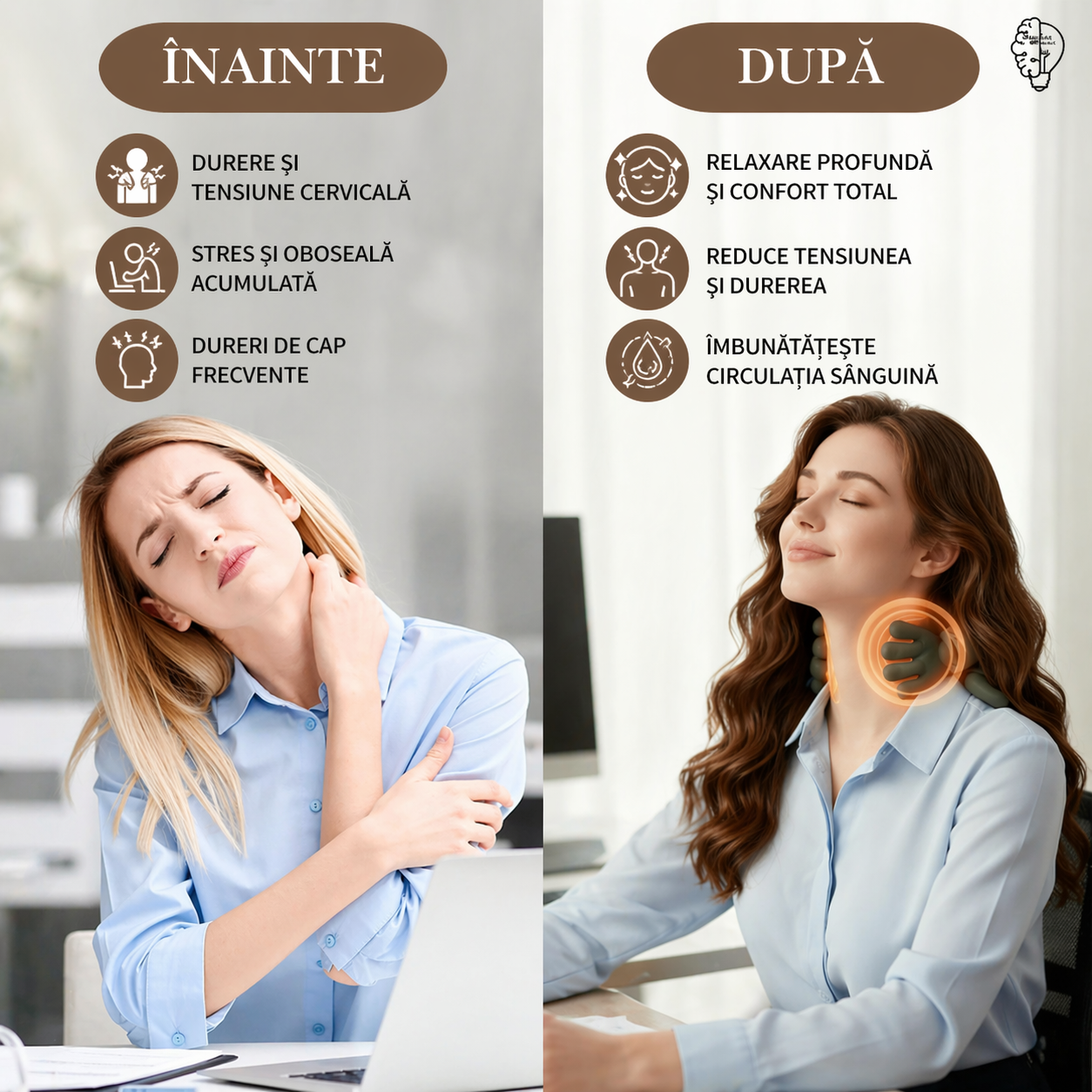 Aparat de masaj cervical gât și umeri 4D cu încălzire, profesional, fără fir, masaj ce imita mâna umană, pentru relaxare și dureri musculare + Primești Cadou un Ghid cu 15 Exerciții de spate 🎁